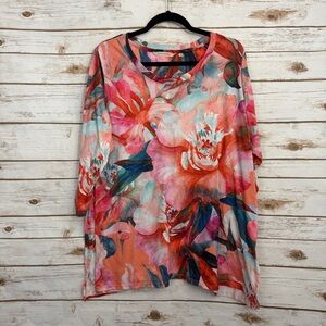 Soft Surroundings Pink Floral Watercolor 3/4 Sleeve Blouse